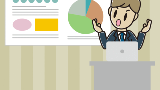 考えながらプレゼンする男性会社員のイラスト【色、背景あり】PNG