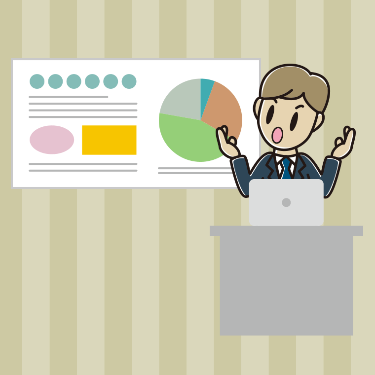 考えながらプレゼンする男性会社員のイラスト【色、背景あり】PNG