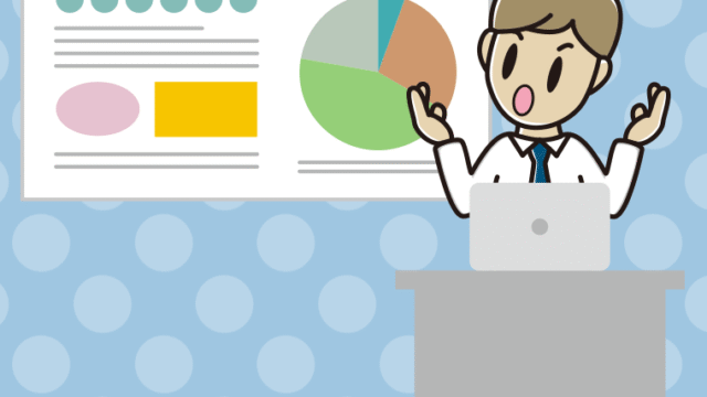 考えながらプレゼンする男性会社員（ワイシャツ）のイラスト【色、背景あり】PNG