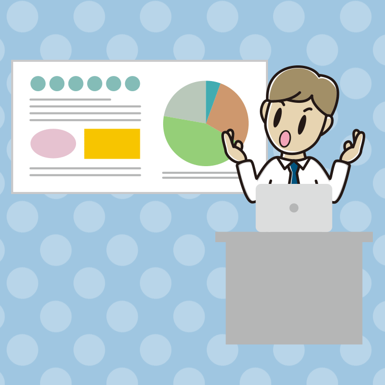 考えながらプレゼンする男性会社員（ワイシャツ）のイラスト【色、背景あり】PNG