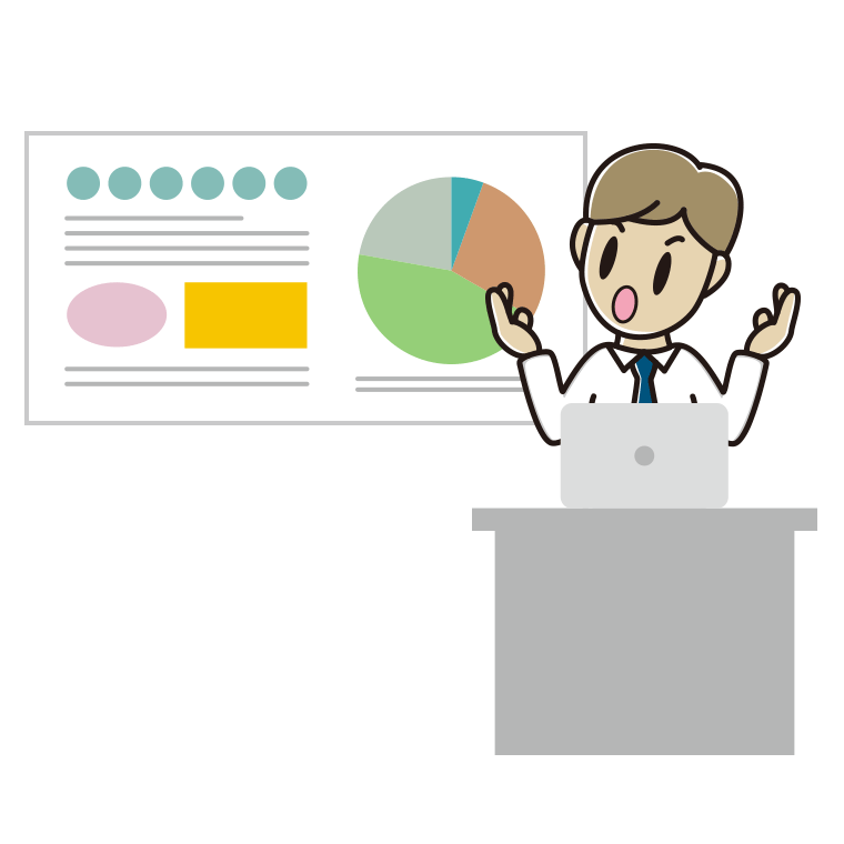 考えながらプレゼンする男性会社員（ワイシャツ）のイラスト【色あり、背景なし】透過PNG