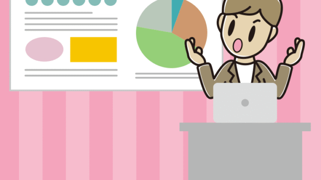 考えながらプレゼンする男性会社員（カジュアル）のイラスト【色、背景あり】PNG