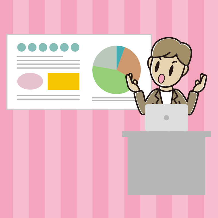 考えながらプレゼンする男性会社員（カジュアル）のイラスト【色、背景あり】PNG