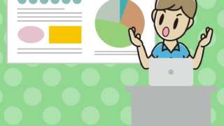 考えながらプレゼンする男性会社員（クールビズ）のイラスト【色、背景あり】PNG