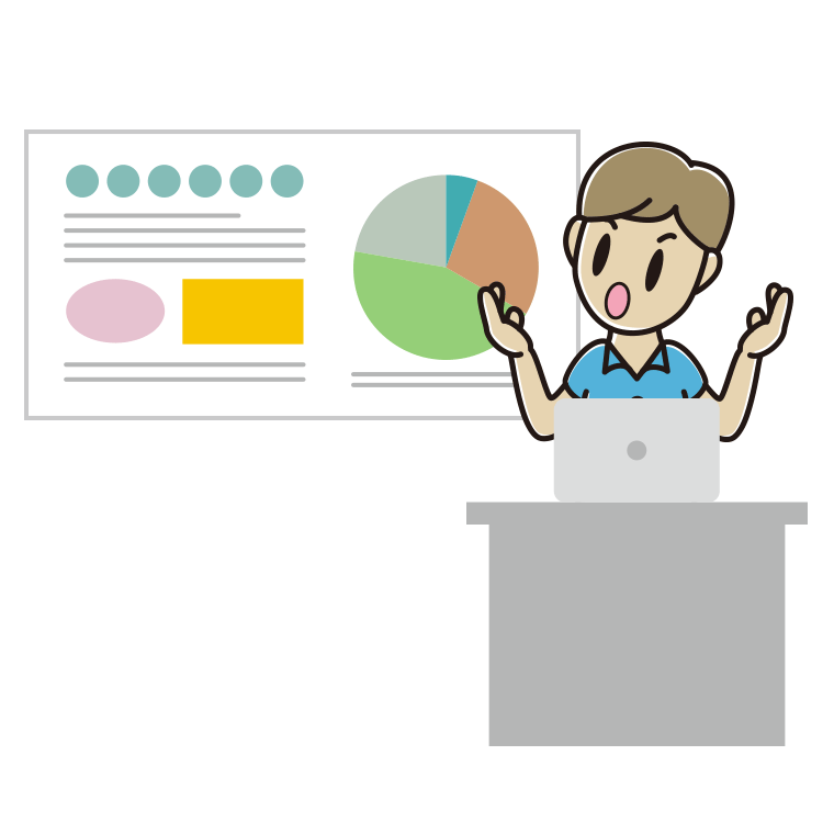 考えながらプレゼンする男性会社員（クールビズ）のイラスト【色あり、背景なし】透過PNG