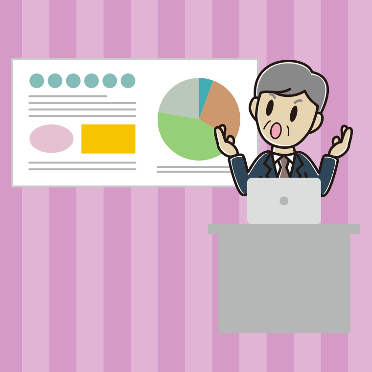 考えながらプレゼンする年配男性会社員のイラスト【色、背景あり】PNG