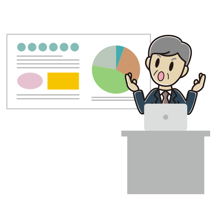 考えながらプレゼンする年配男性会社員のイラスト【色あり、背景なし】透過PNG