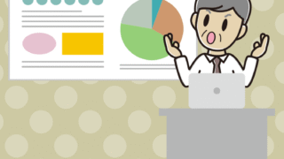 考えながらプレゼンする年配男性会社員（ワイシャツ）のイラスト【色、背景あり】PNG