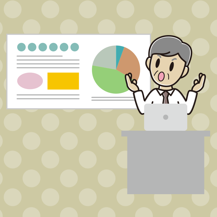 考えながらプレゼンする年配男性会社員（ワイシャツ）のイラスト【色、背景あり】PNG