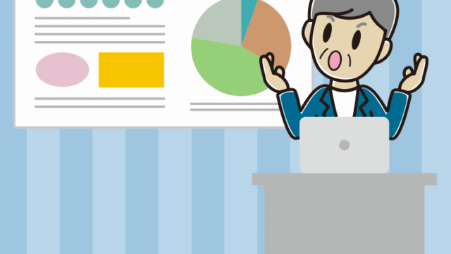 考えながらプレゼンする年配男性会社員（カジュアル）のイラスト【色、背景あり】PNG