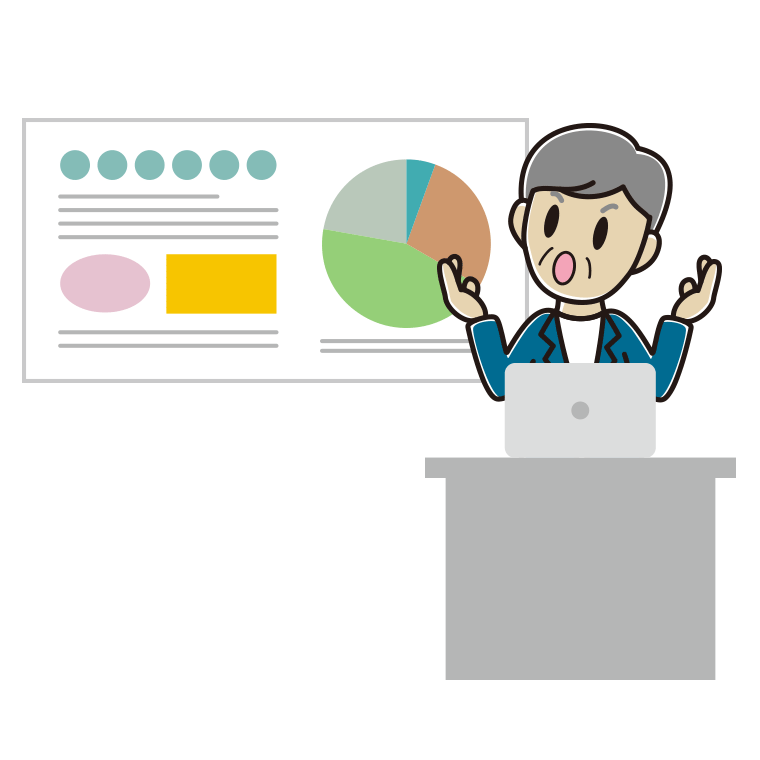 考えながらプレゼンする年配男性会社員（カジュアル）のイラスト【色あり、背景なし】透過PNG