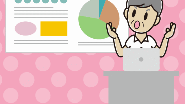 考えながらプレゼンする年配男性会社員（クールビズ）のイラスト【色、背景あり】PNG