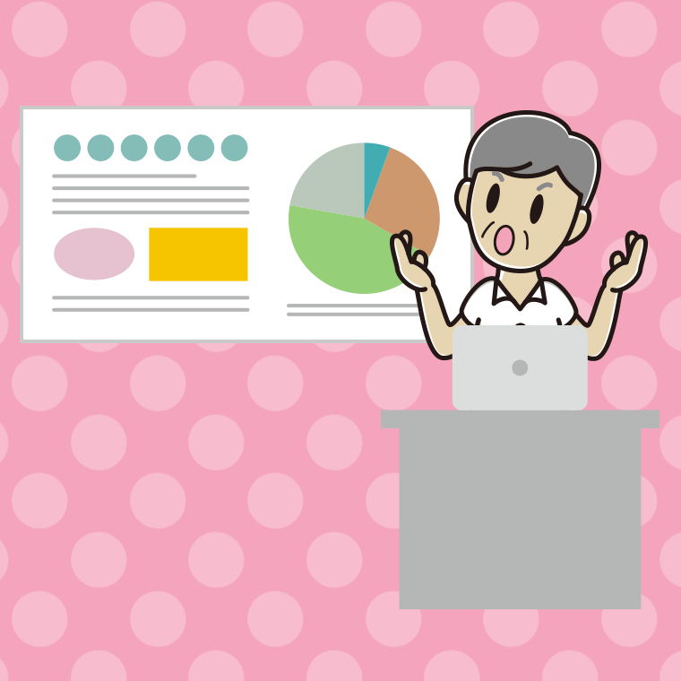 考えながらプレゼンする年配男性会社員（クールビズ）のイラスト【色、背景あり】PNG