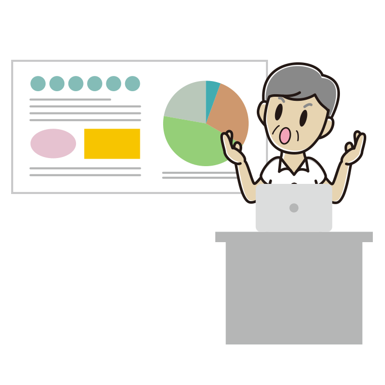 考えながらプレゼンする年配男性会社員（クールビズ）のイラスト【色あり、背景なし】透過PNG