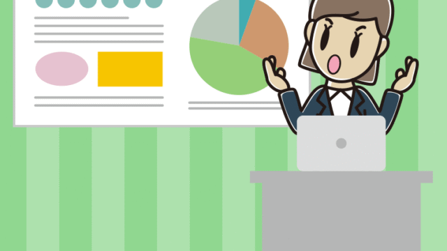 考えながらプレゼンする女性会社員のイラスト【色、背景あり】PNG