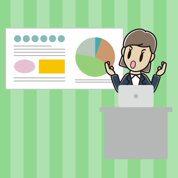 考えながらプレゼンする女性会社員のイラスト【色、背景あり】PNG