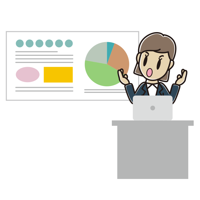 考えながらプレゼンする女性会社員のイラスト【色あり、背景なし】透過PNG