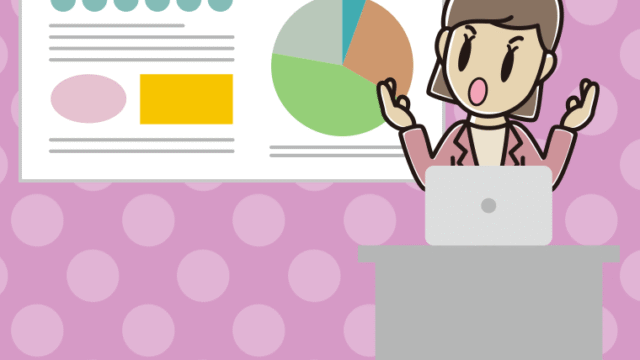 考えながらプレゼンする女性会社員（カジュアル）のイラスト【色、背景あり】PNG