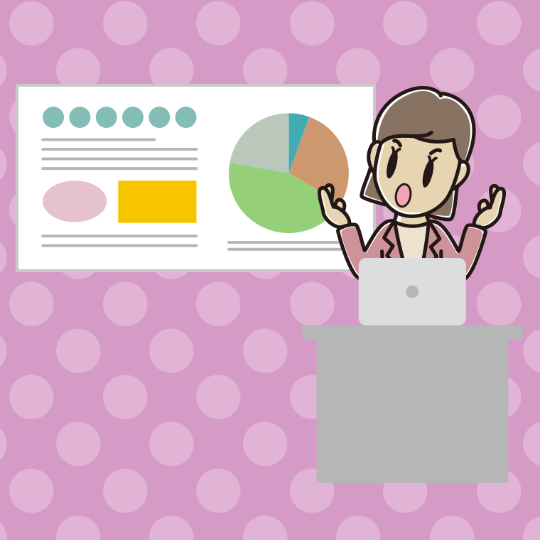 考えながらプレゼンする女性会社員（カジュアル）のイラスト【色、背景あり】PNG