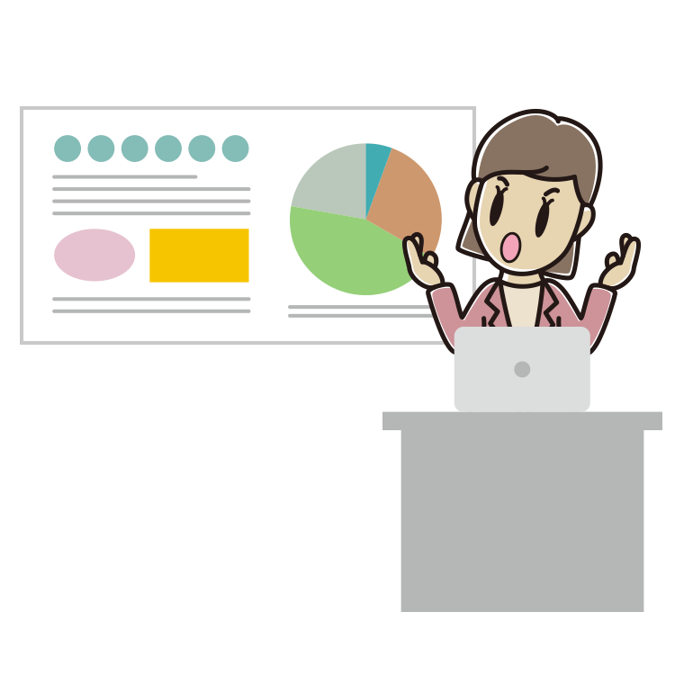 考えながらプレゼンする女性会社員（カジュアル）のイラスト【色あり、背景なし】透過PNG