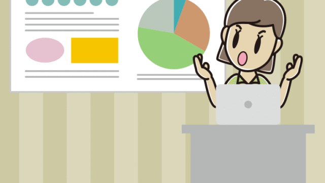 考えながらプレゼンする女性会社員（クールビズ）のイラスト【色、背景あり】PNG