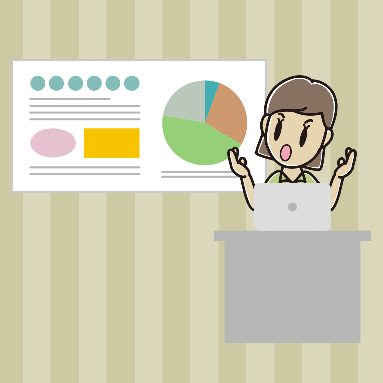 考えながらプレゼンする女性会社員（クールビズ）のイラスト【色、背景あり】PNG