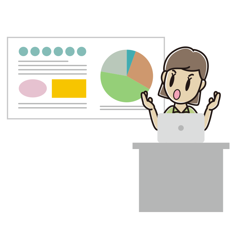 考えながらプレゼンする女性会社員（クールビズ）のイラスト【色あり、背景なし】透過PNG