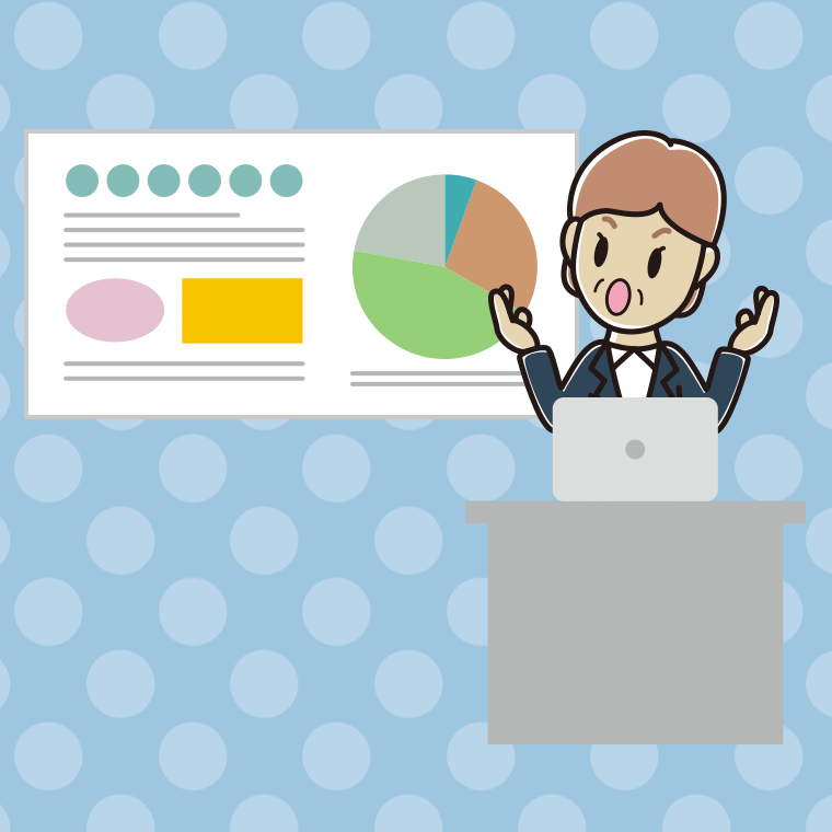 考えながらプレゼンする年配女性会社員のイラスト【色、背景あり】PNG