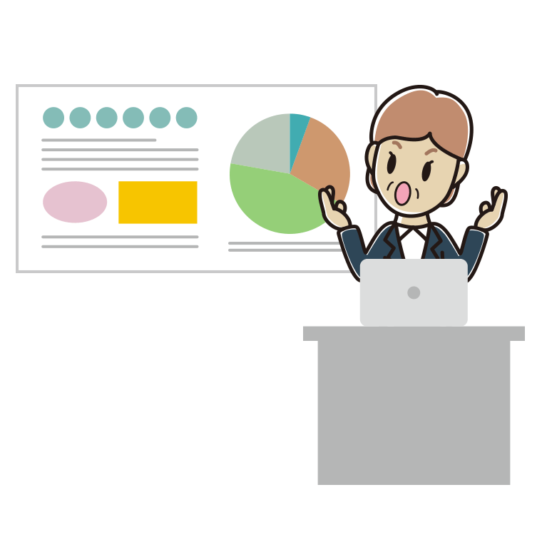 考えながらプレゼンする年配女性会社員のイラスト【色あり、背景なし】透過PNG