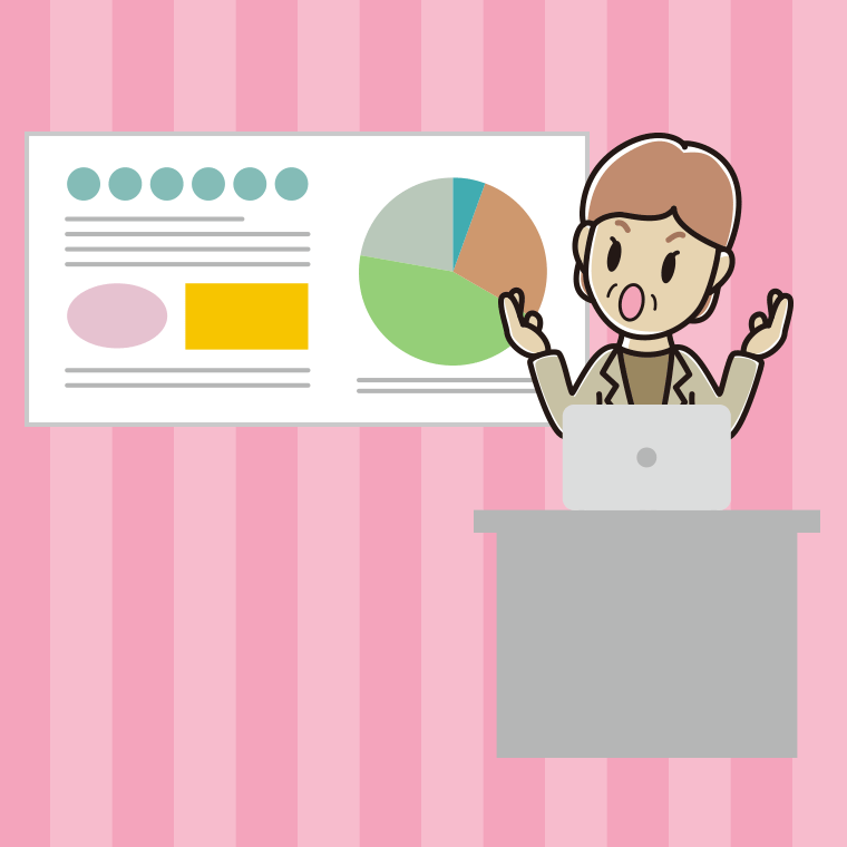 考えながらプレゼンする年配女性会社員（カジュアル）のイラスト【色、背景あり】PNG