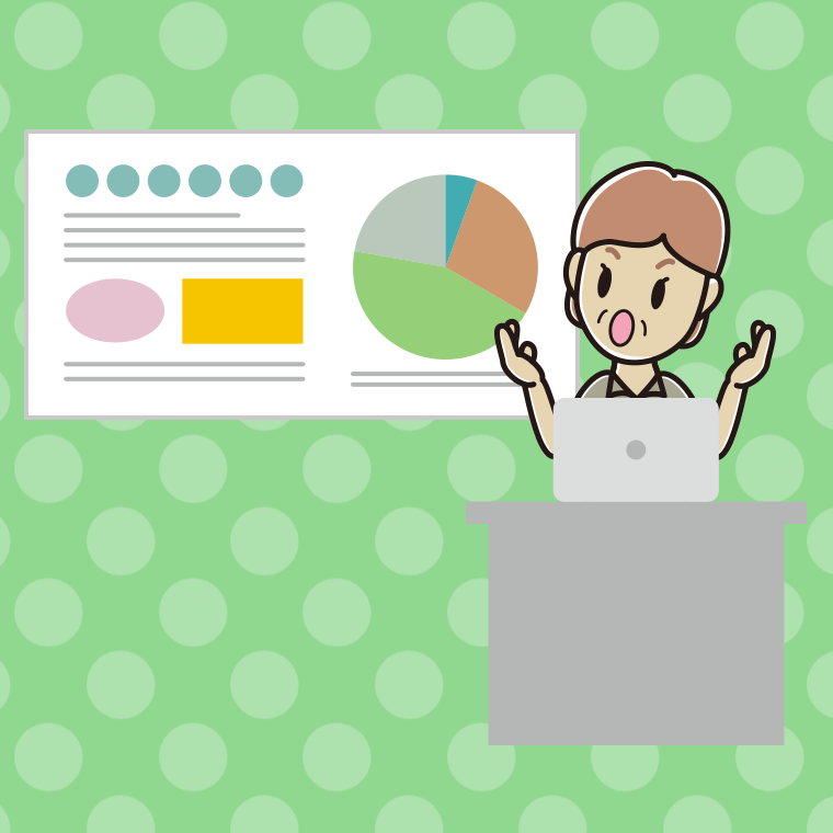 考えながらプレゼンする年配女性会社員（クールビズ）のイラスト【色、背景あり】PNG