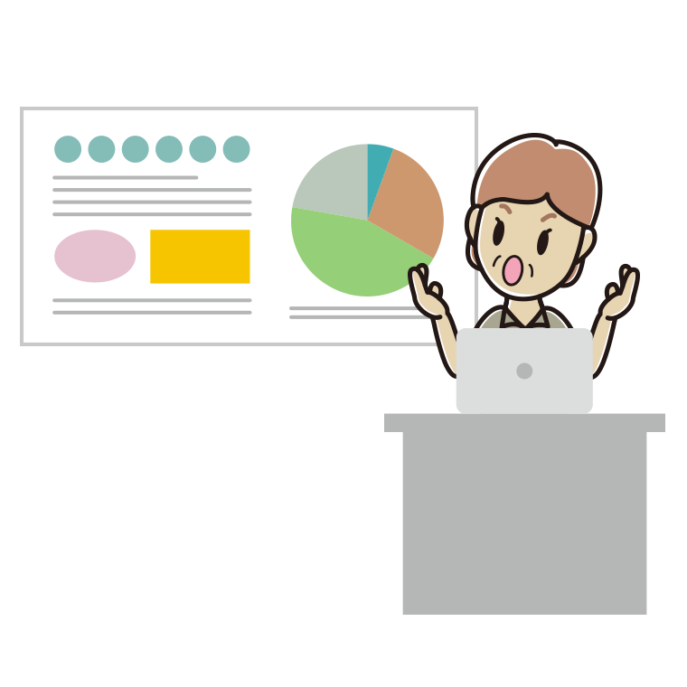 考えながらプレゼンする年配女性会社員（クールビズ）のイラスト【色あり、背景なし】透過PNG