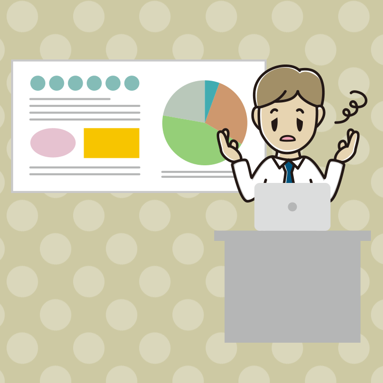 プレゼンでぼーっとする男性会社員（ワイシャツ）のイラスト【色、背景あり】PNG