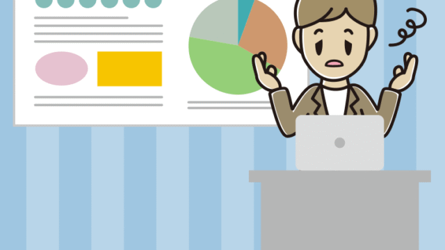 プレゼンでぼーっとする男性会社員（カジュアル）のイラスト【色、背景あり】PNG