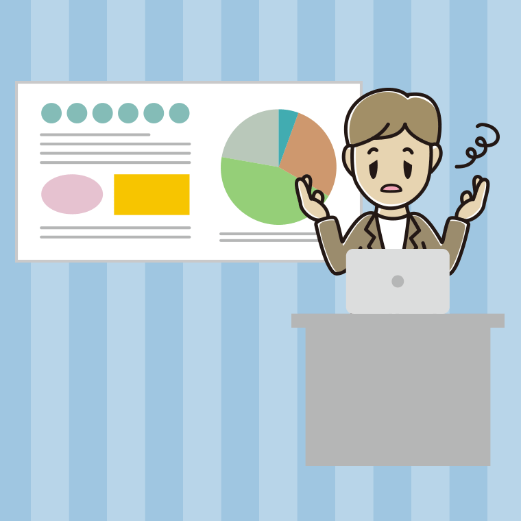 プレゼンでぼーっとする男性会社員（カジュアル）のイラスト【色、背景あり】PNG