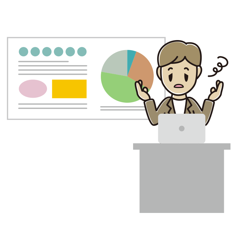 プレゼンでぼーっとする男性会社員（カジュアル）のイラスト【色あり、背景なし】透過PNG