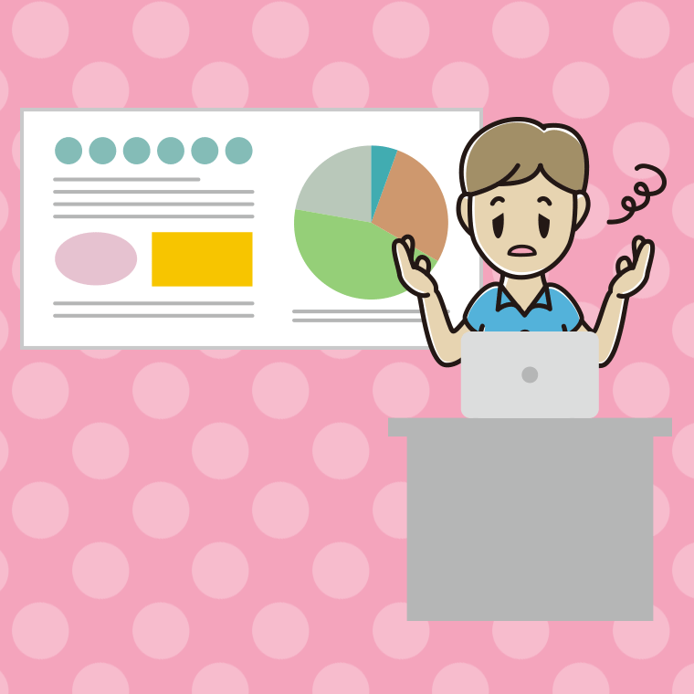 プレゼンでぼーっとする男性会社員（クールビズ）のイラスト【色、背景あり】PNG