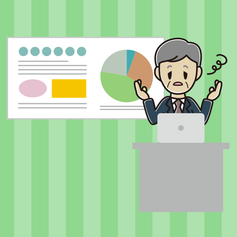 プレゼンでぼーっとする年配男性会社員のイラスト【色、背景あり】PNG