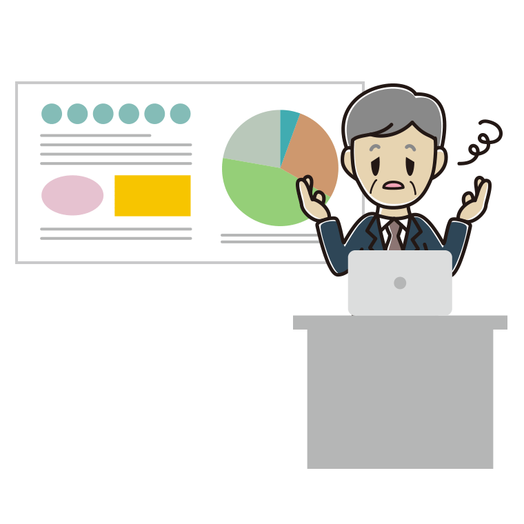 プレゼンでぼーっとする年配男性会社員のイラスト【色あり、背景なし】透過PNG