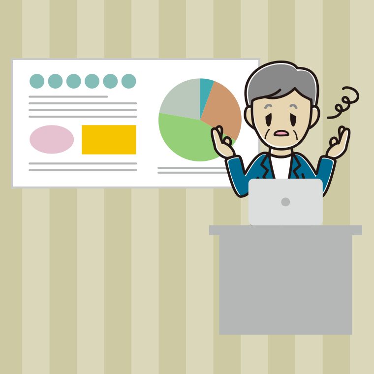 プレゼンでぼーっとする年配男性会社員（カジュアル）のイラスト【色、背景あり】PNG