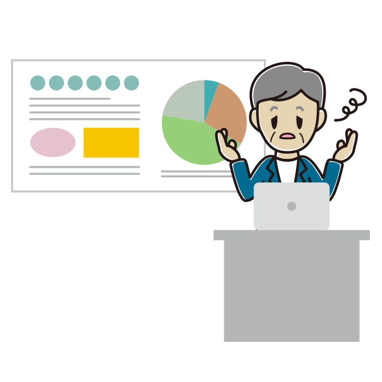 プレゼンでぼーっとする年配男性会社員（カジュアル）のイラスト【色あり、背景なし】透過PNG