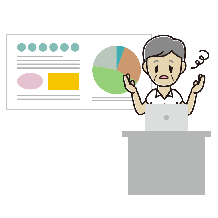 プレゼンでぼーっとする年配男性会社員（クールビズ）のイラスト【色あり、背景なし】透過PNG