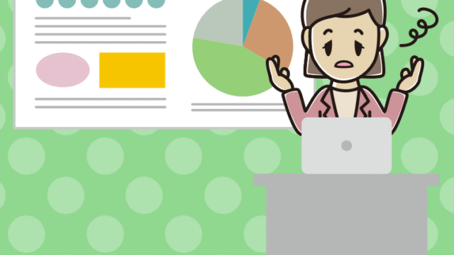 プレゼンでぼーっとする女性会社員（カジュアル）のイラスト【色、背景あり】PNG