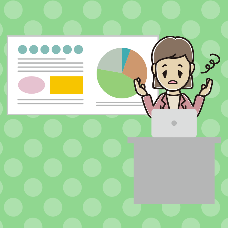 プレゼンでぼーっとする女性会社員（カジュアル）のイラスト【色、背景あり】PNG