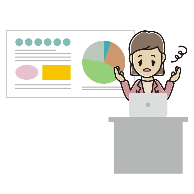 プレゼンでぼーっとする女性会社員（カジュアル）のイラスト【色あり、背景なし】透過PNG