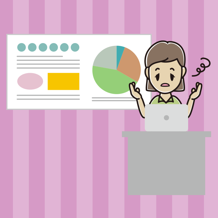 プレゼンでぼーっとする女性会社員（クールビズ）のイラスト【色、背景あり】PNG