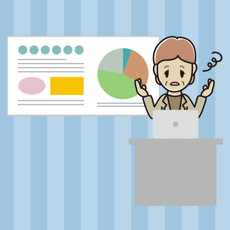 プレゼンでぼーっとする年配女性会社員（カジュアル）のイラスト【色、背景あり】PNG