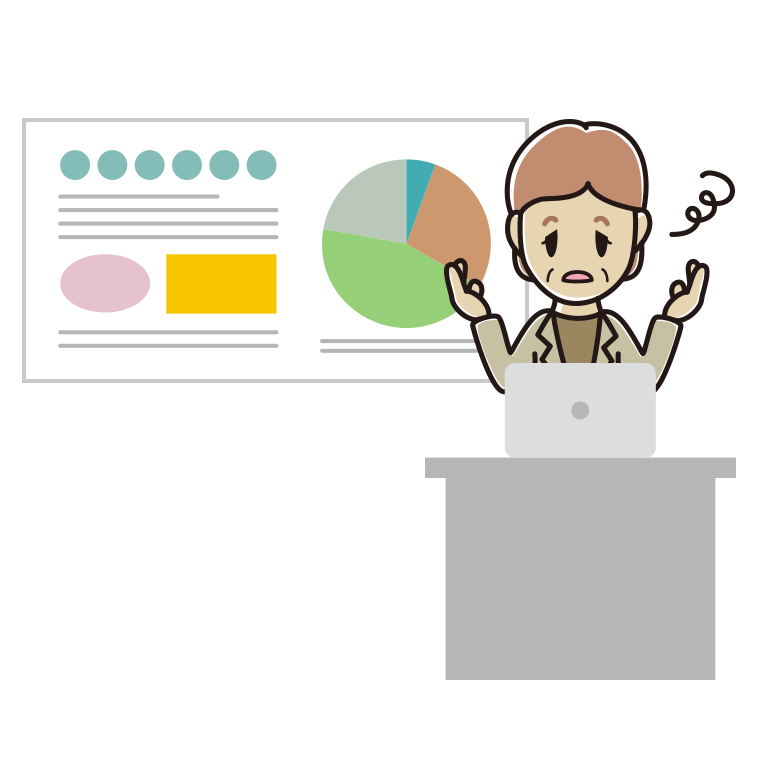 プレゼンでぼーっとする年配女性会社員（カジュアル）のイラスト【色あり、背景なし】透過PNG