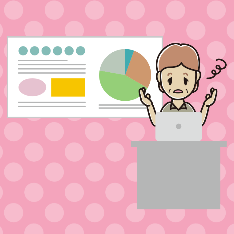 プレゼンでぼーっとする年配女性会社員（クールビズ）のイラスト【色、背景あり】PNG