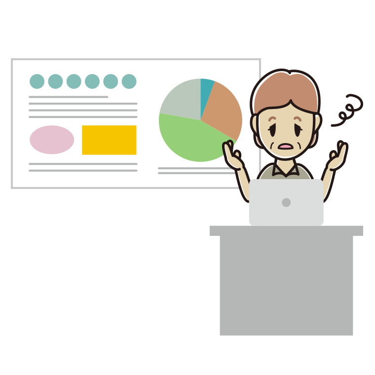 プレゼンでぼーっとする年配女性会社員（クールビズ）のイラスト【色あり、背景なし】透過PNG